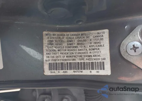 2010 Honda Civic Lx from USA, damaged, VIN 2HGFA1F52AH327384
